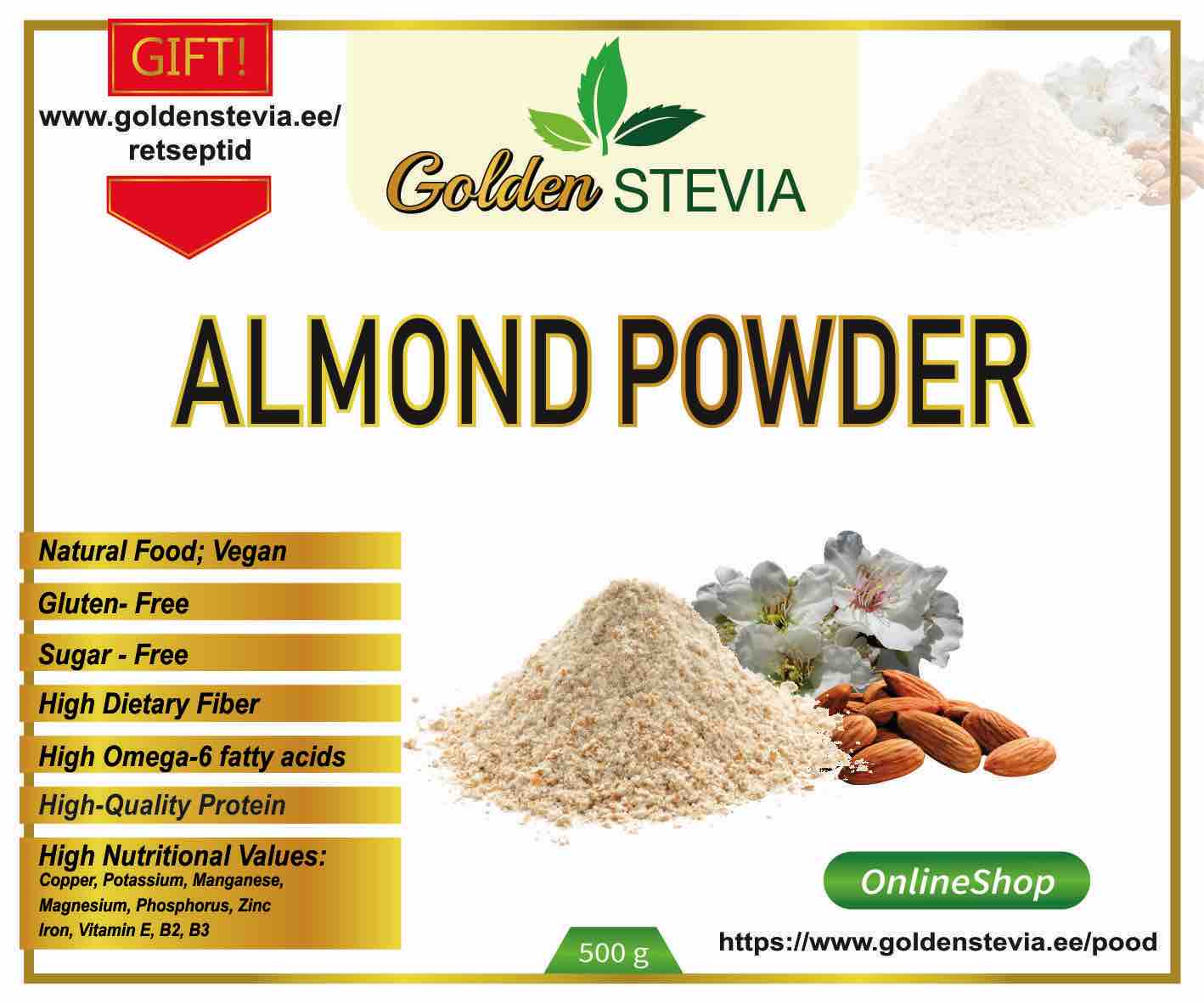 Golden Stevia Mandlijahu 4% süsivesikuid Almond powder low carb keto suhkruvaba