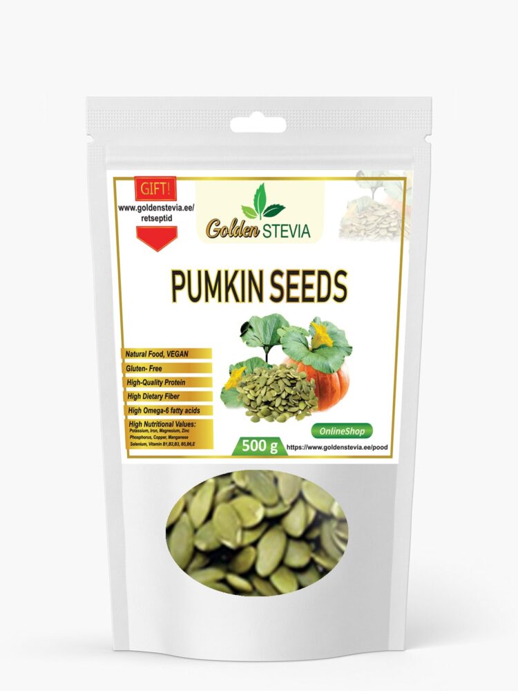 kõrvitsaseemned, mineraali ja vitamiinide rikas 500 g Kõrvitsa seemned Golden Stevia e-pood Suhkurvaba, keto, low carb, gluteenivaba