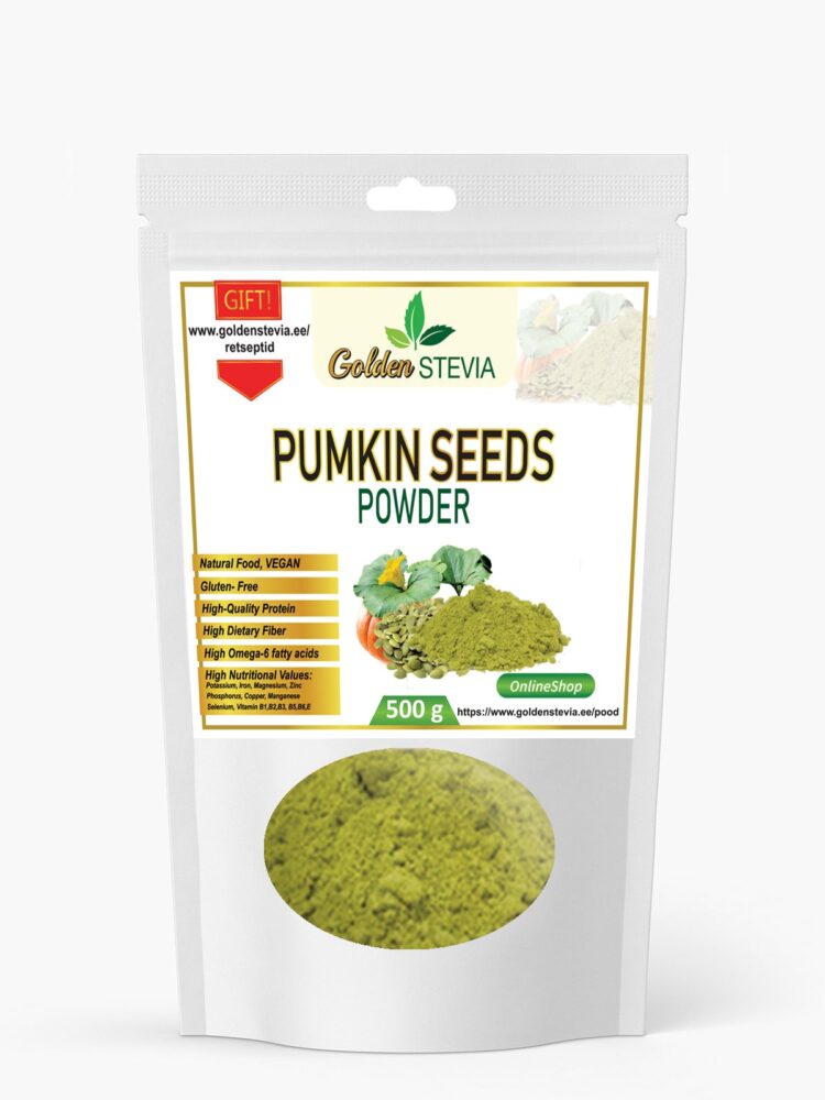 Kõrvitsaseemnete proteiini pulber, kõrvitsaseemne jahu. Kõrvitsa seemned jahu Golden Stevia e-pood Suhkurvaba, keto, low carb, gluteenivaba