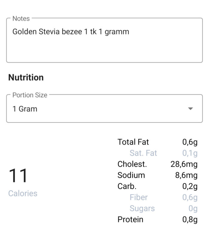 Golden Stevia suhkruvaba besee süsivesikud, low carb, nutrition facts