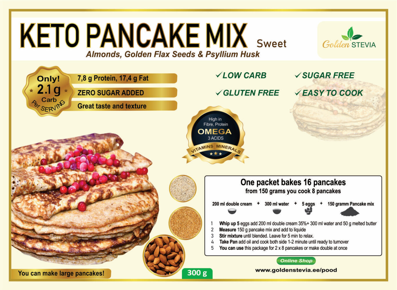 Golden Stevia Keto Pannkoogi segu, Low Carb, Gluteenivaba, Suhkruvaba