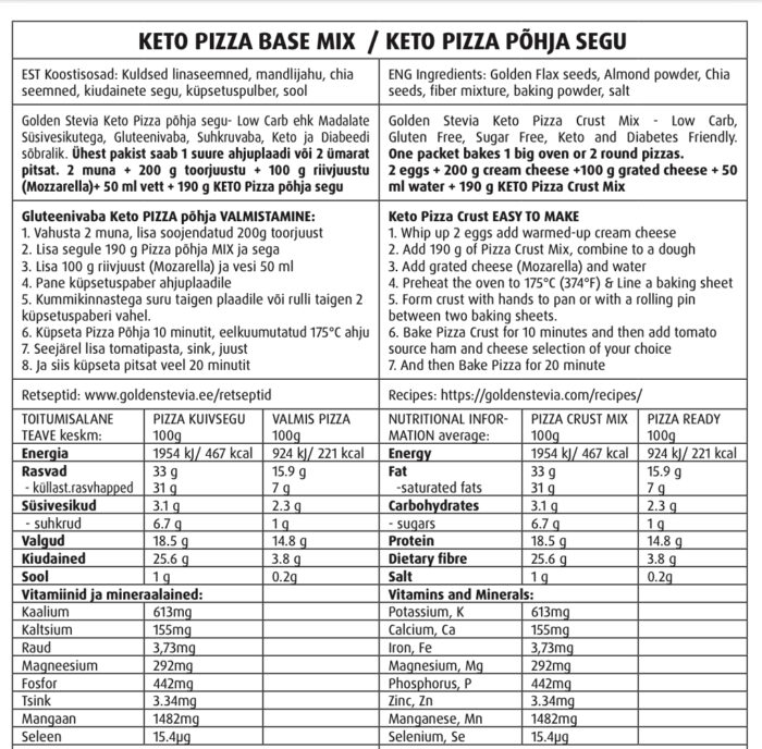 Golden Stevia Keto Pizzapõhja segu- KETO PIZZA CRUST MIX- Low Carb ehk Madalate Süsivesikutega, Gluteenivaba, Suhkruvaba, Keto ja Diabeedi sõbralik.