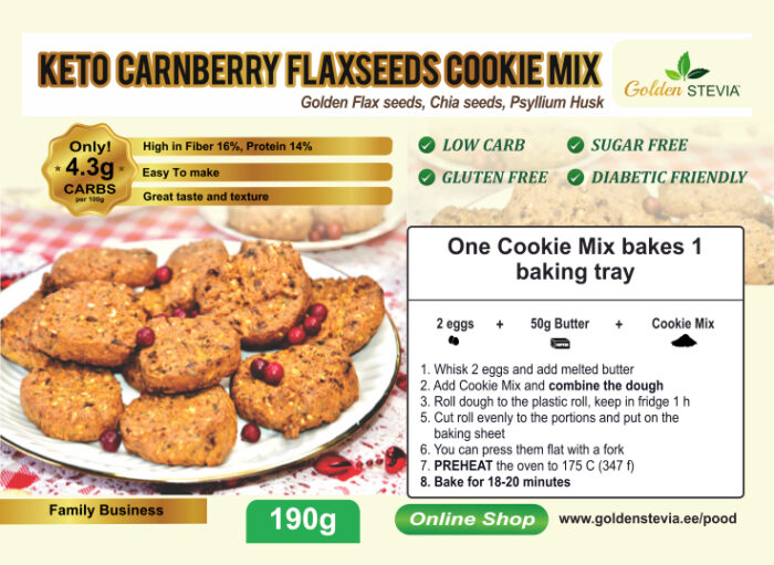 Keto Jõhvika-Linaseemne küpsise küpsetussegu- – Keto Cranberry Flaxseeds Cookie Mix- Golden Stevia Suhkruvaba, Gluteenivaba, Low Carb 190