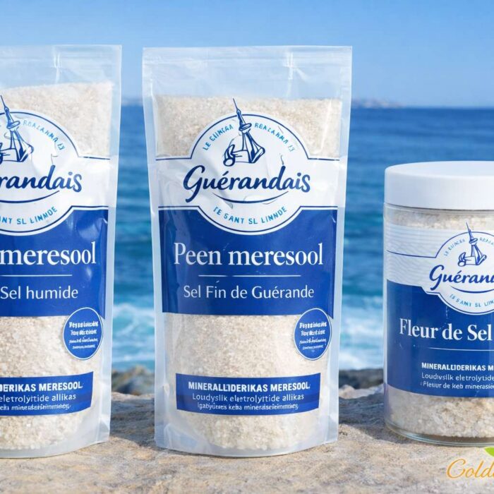 Saadaval Golden Stevia e-poes – Guérande jäme meresool, Guérande peen meresool ja Guérande Fleur de Sel premium soolaõis.
