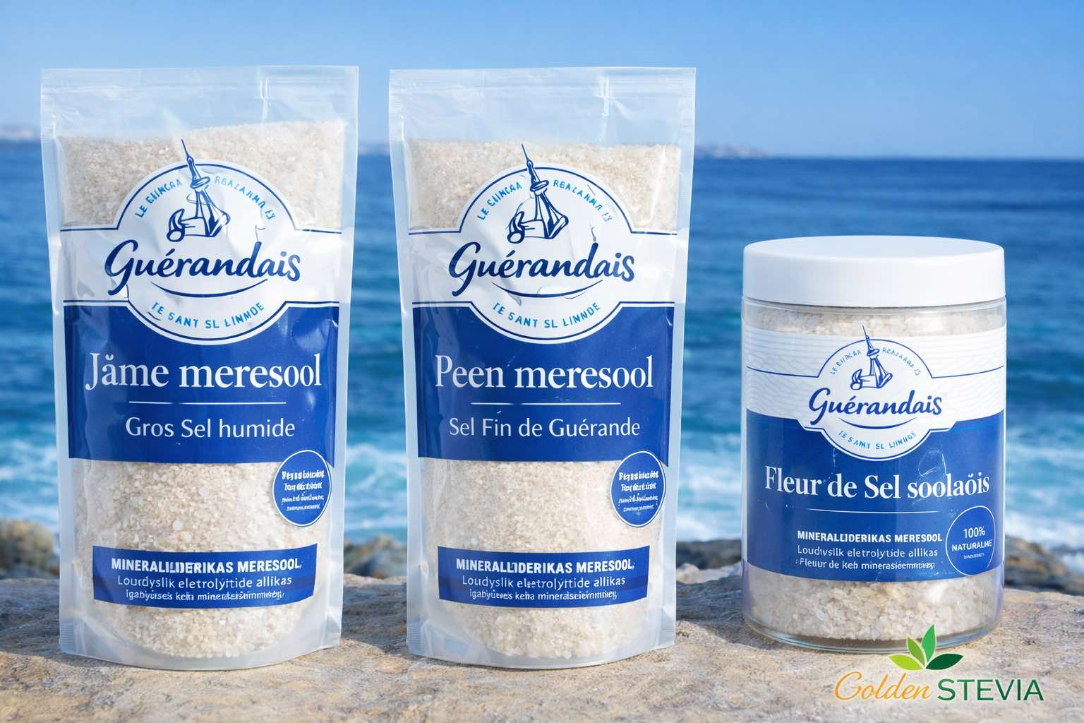 Saadaval Golden Stevia e-poes – Guérande jäme meresool, Guérande peen meresool ja Guérande Fleur de Sel premium soolaõis.