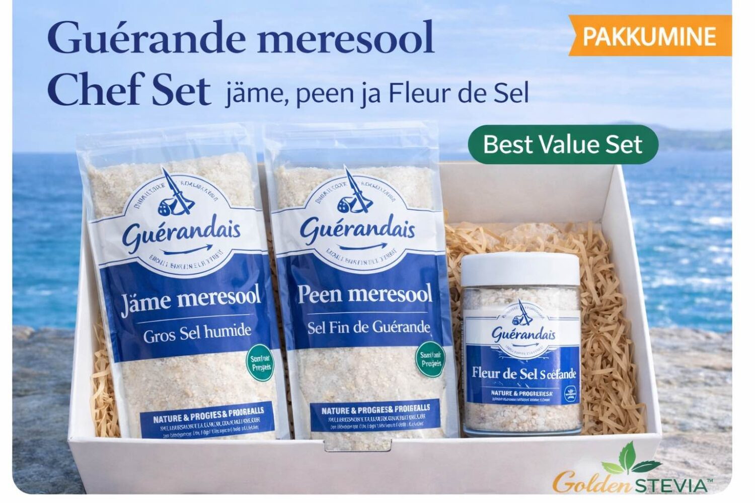 Guérande meresool Chef Set jäme meresool, peen meresool ja Fleur de Sel Golden Stevia