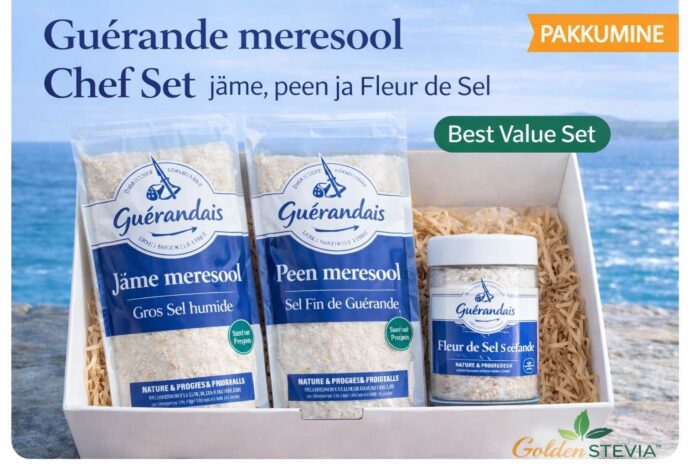 Guérande meresool Chef Set jäme meresool, peen meresool ja Fleur de Sel Golden Stevia
