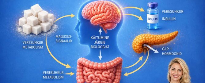 Miks inimene ei suuda suhkrust loobuda – veresuhkru, insuliini, GLP-1 ja aju seoseid selgitav low carb keto infograafik Annika Urm