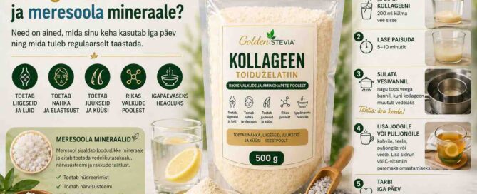 Golden Stevia kollageen ja mineraaliderikas meresool igapäevaseks liigeste, naha, juuste, küünte ja mineraalide toetuseks.
