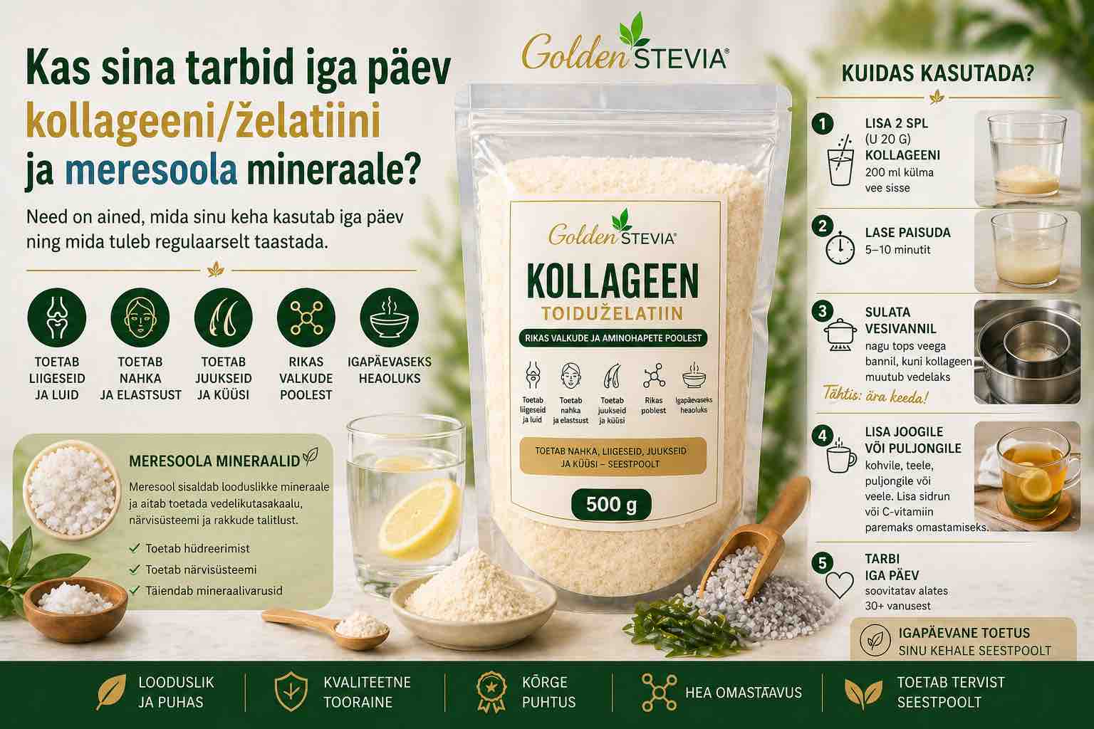 Golden Stevia kollageen ja mineraaliderikas meresool igapäevaseks liigeste, naha, juuste, küünte ja mineraalide toetuseks.