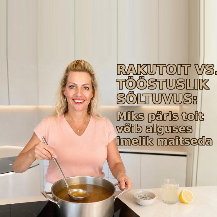 Annika Urm valmistamas kodust kontsantin puljongit köögis. Artikkel teemal "Rakutoit vs. tööstuslik sõltuvus: miks päris toit võib alguses imelik maitseda