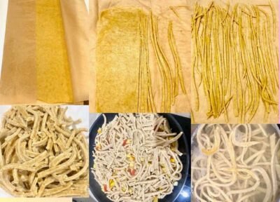 Käsitsitööna valmiva keto pasta tegemise etapid: taigna lõikamine, keetmine ja pannil praadimine – keto kokk Annika Urm'i retsept