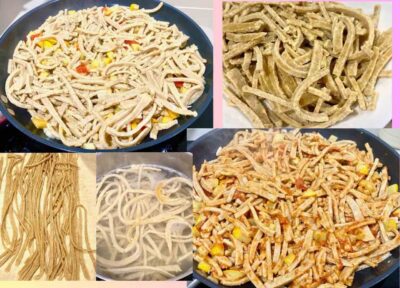 Käsitsitööna valmiva keto pasta tegemise etapid: taigna lõikamine, keetmine ja pannil praadimine – keto kokk Annika Urm'i retsept