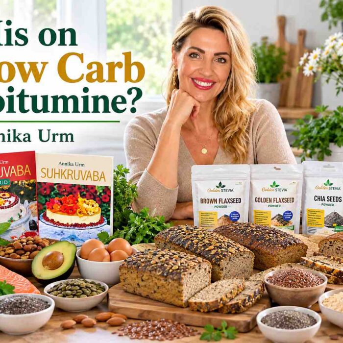 Low Carb toitumine – Annika Urm koos madala süsivesikusisaldusega leibade, seemnete ja Low Carb toiduainetega.