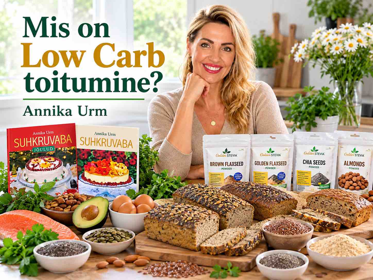 Low Carb toitumine – Annika Urm koos madala süsivesikusisaldusega leibade, seemnete ja Low Carb toiduainetega.